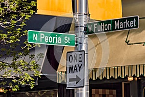 Fulton Market Street and Peoria Street direction information signs. Main street in Chicago photo