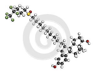 Fulvestrant cancer drug molecule (selective estrogen receptor degrader, SERD). 3D rendering. Atoms are represented as spheres with