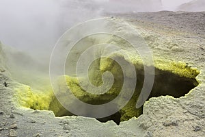 Fumarole activity in crater of Mutnovsky volcano.