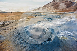 Fumarole field in Namafjall geothermal zone Iceland. Famous tourist attraction