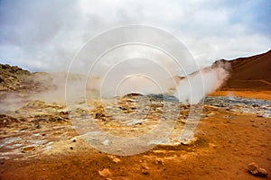 Fumarole field in Namafjall geothermal zone Iceland. Famous tourist attraction