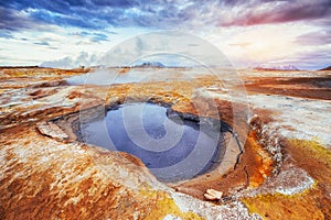 Fumarole field in Namafjall Iceland. The picturesque landscapes forests.