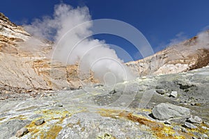 Fumarole, geothermal field in crater active volcano of Kamchatka