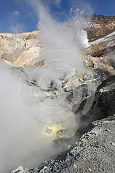 Fumarole, geothermal field in crater active volcano of Kamchatka