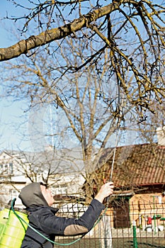 Fumigating pesti, pest control. Defocus farmer man spraying tree with manual pesticide sprayer against insects in spring