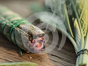 Fuming sage stick. Close-up shot of smoke