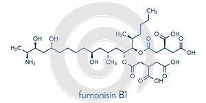 Fumonisin B1 mycotoxin molecule. Fungal toxin produced by some Fusarium molds, often present in corn and other cereals. Skeletal.