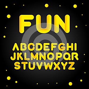 Fun alphabet gold letters on black background. Vector set cartoon alphabet gold letters. Isolated vector illustration.