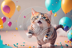 Fun animal party concept cat having fun and colorful ballons. ai generative