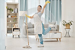 Fun asian woman, mop or cleaning living room with housekeeping floor product for home cleaner service, maid or worker