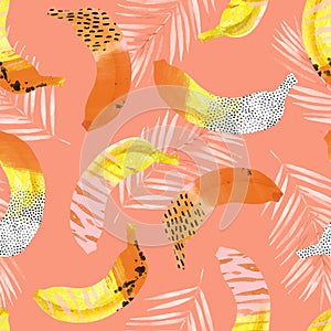 Fun bananas and palm leaves print in 80s 90s pop art style