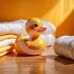 Fun bath time for kids, shown by rubber duck with towels