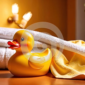 Fun bath time for kids, shown by rubber duck with towels