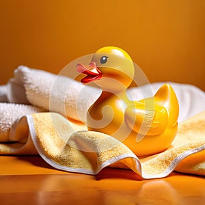 Fun bath time for kids, shown by rubber duck with towels