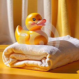 Fun bath time for kids, shown by rubber duck with towels