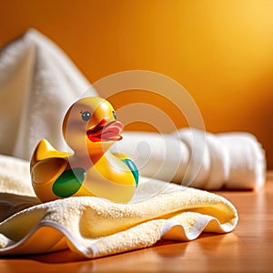 Fun bath time for kids, shown by rubber duck with towels