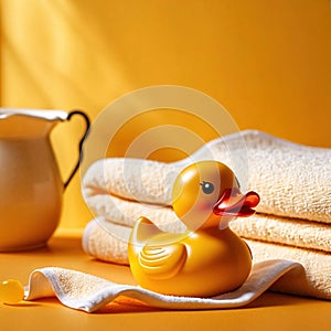 Fun bath time for kids, shown by rubber duck with towels