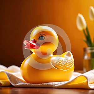 Fun bath time for kids, shown by rubber duck with towels