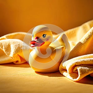 Fun bath time for kids, shown by rubber duck with towels