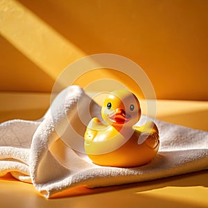 Fun bath time for kids, shown by rubber duck with towels