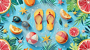 Fun beach accessories on light blue background.