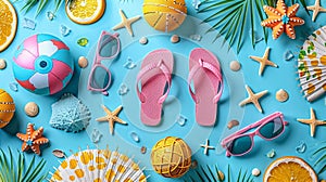 Fun beach items on light blue background.