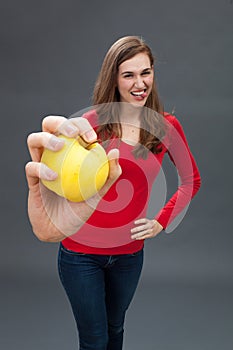 Fun beautiful young woman for emphasis on health and diet photo