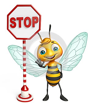 fun Bee cartoon character with stop sign