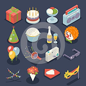 Fun Birthday Party Event Celebrate Night Icons and Symbols Holiday Set 3d Isometric Flat Design Vector Illustration