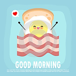 Fun breakfast, good morning funny food, Cute fried egg and toast, bacon, isolated on background for card, poster, banner, web
