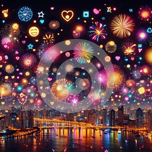 fun bright and colourful fireworks emojis and icons for a happy new years or party