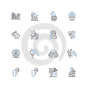 Fun business line icons collection. Playful, Exciting, Amusing, Jovial, Lively, Whimsical, Enticing vector and linear