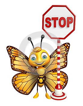 fun Butterfly cartoon character with stop sign