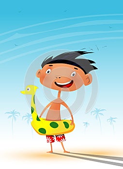 Fun cartoon child on the beach during the hot summer