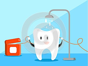 Fun cartoon concept with wash tooth. Tooth with Dental floss in bathroom. Vector illustration design