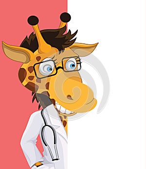 Fun Cartoon Doctor Giraffe looking at a blank white page
