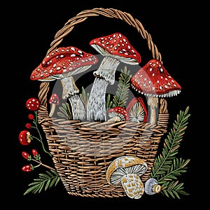 Fun cartoon embroidery style textured 3d fly agarics in basket pattern background illustration. Colorful beautiful decorative