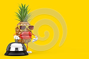 Fun Cartoon Fashion Hipster Cut Pineapple Person Character Mascot with Hotel Service Bell Call. 3d Rendering