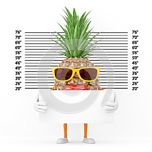 Fun Cartoon Fashion Hipster Cut Pineapple Person Character Mascot with Identification Plate in front of Police Lineup or Mugshot