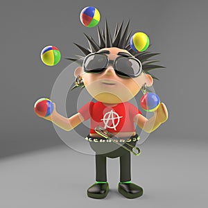 Fun cartoon punk rocker practises his juggling, 3d illustration