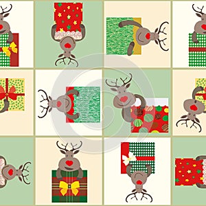 Fun cartoon reindeer in brown, red, green and gold holding presents. Patchwork geometric design. Seamless vector pattern