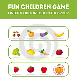 Fun Children Game, Find the Odd One Out in the Group , Educational Game for Preschool Kids Vector Illustration