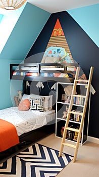 A fun children's room with a blue accent wall, a wooden loft bed with a ladder