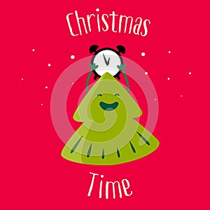 Fun Christmas tree with clock and snow on red background.