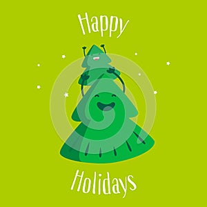 Fun Christmas tree with little tree on green background. Happy Holidays. Greeting card. Vector