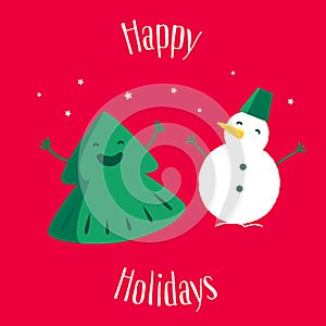 Fun Christmas tree with snowman on red background. Happy Holidays. Greeting card. Vector illustration