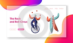 Fun Circus Show with Clown Unicycle Acrobat Landing Page. Woman Cyclist Juggler Balance. Holiday Carnival Scene Show