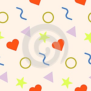 Fun colorful doodle seamless pattern. Trendy design with scribble and geometric shapes on beige backdrop. Colored random