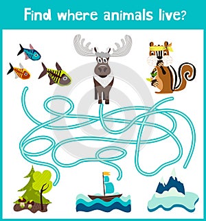 Fun and colorful puzzle game for children's development find where a deer, striped Chipmunk and fish. Training mazes for preschool