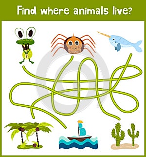 Fun and colorful puzzle game for children's development find where a deer, striped Chipmunk and fish. Training mazes for preschool